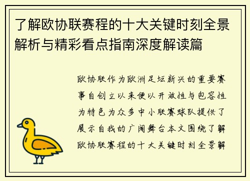了解欧协联赛程的十大关键时刻全景解析与精彩看点指南深度解读篇