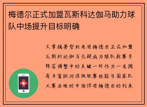 梅德尔正式加盟瓦斯科达伽马助力球队中场提升目标明确